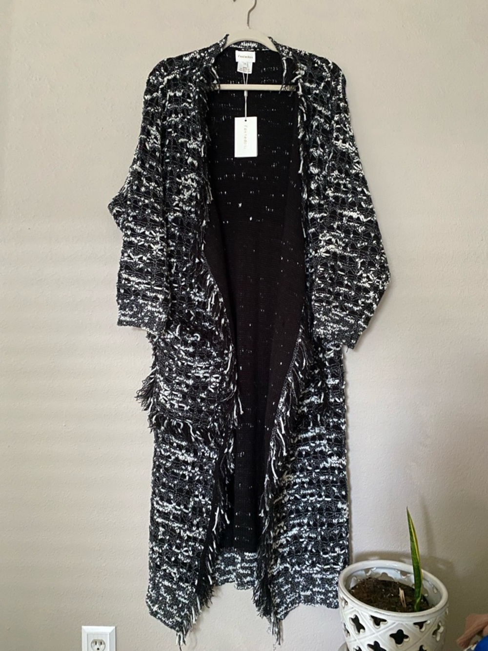 Anthropologie Foxiedox black and white knit fringe duster maxi cardigan sweater